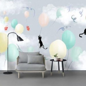 Tranh dán tường vẽ mèo và bóng bay ngộ nghĩnh TDT224