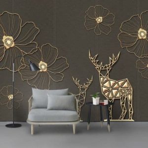 Tranh dán tường trừu tượng 3D hươu và hoa vàng TDT231