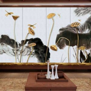 Tranh dán tường trừu tượng 3D búp sen và chuồn chuồn vàng TDT234