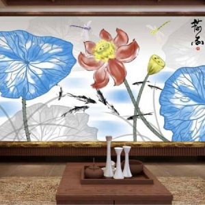 Tranh dán tường vẽ hoa sen và đàn cá chép TDT237