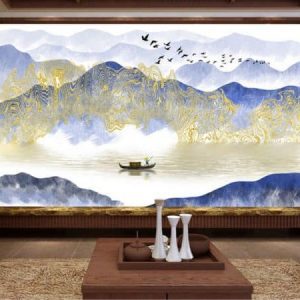 Tranh dán tường trừu tượng sông núi và người chèo thuyền TDT243