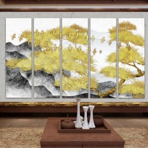 Tranh dán tường trừu tượng 3D cây và đàn chim vàng TDT259