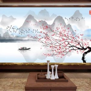 Tranh dán tường sơn dầu sông nước và cây hoa đỏ TDT271