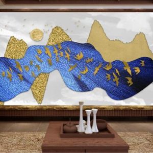 Tranh dán tường trừu tượng núi và đàn chim vàng TDT272