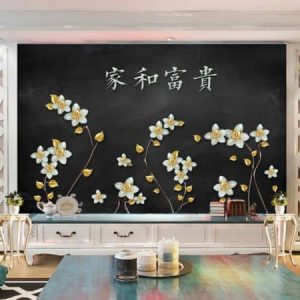 Tranh dán tường 3D hoa trắng cành lá vàng TDT273