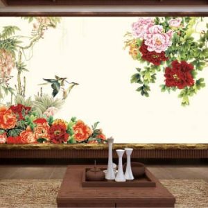 Tranh dán tường chim xanh và hoa mẫu đơn TDT275