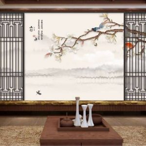 Tranh dán tường Trung Quốc sông nước và cành hoa trắng TDT276