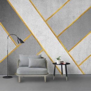 Tranh dán tường 3D xám trắng kẻ vàng TDT290
