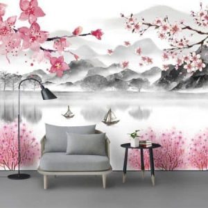 Tranh dán tường thiên nhiên sông núi và hoa đào TDT293