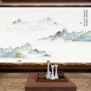 Tranh dán tường thiên nhiên núi sông và con thuyền TDT294