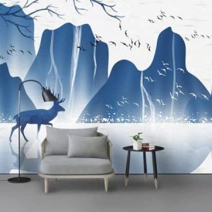 Tranh dán tường trừu tượng hươu và núi xanh TDT297