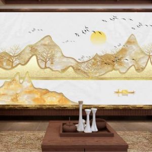 Tranh dán tường trừu tượng núi rừng và con thuyền vàng TDT298