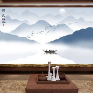 Tranh dán tường thiên nhiên núi sông và con thuyền Trung Quốc TDT306