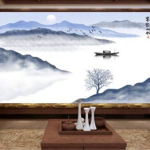 Tranh dán tường trừu tượng núi sông và con thuyền Trung Quốc TDT307