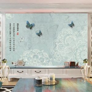 Tranh dán tường 3D họa tiết và bướm xanh TDT314