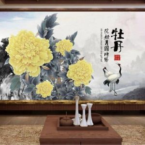 Tranh dán tường hoa mẫu đơn vàng và chim hạc trắng TDT316