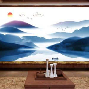 Tranh dán tường trừu tượng sông núi và con thuyền TDT318