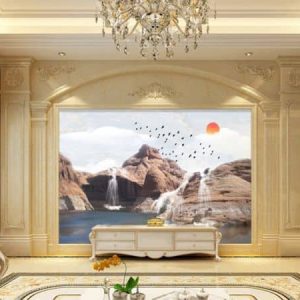Tranh dán tường 3D thiên nhiên núi nâu và thác nước TDT319