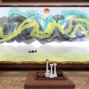 Tranh dán tường trừu tượng người chèo thuyền và thiên nhiên núi rừng TDT321