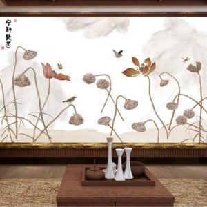 Tranh dán tường hoa sen và chim nâu TDT322