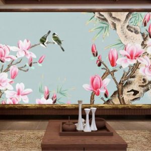 Tranh dán tường hoa và chim xanh TDT335