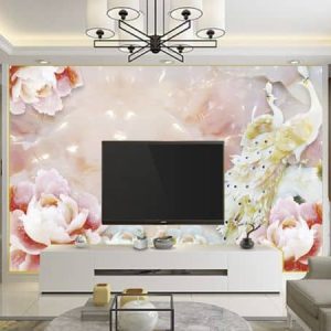 Tranh dán tường Tivi chim công trắng và hoa mẫu đơn TDT342