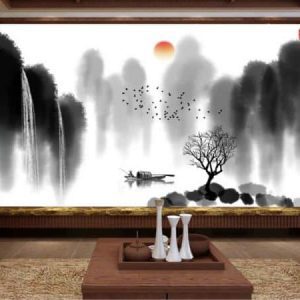 Tranh dán tường đen trắng thiên nhiên sông nước TDT343