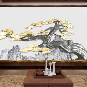 Tranh dán tường 3D trừu tượng cây lá vàng TDT344