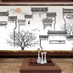 Tranh dán tường đen trắng những ngôi nhà cổ TDT347