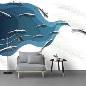 Tranh dán tường 3D trừu tượng đàn cá bạc TDT350