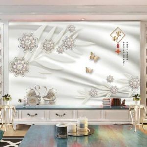 Tranh dán tường 3D hoa và thiên nga trắng TDT362