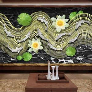 Tranh dán tường 3D trừu tượng cá chép và hoa sen TDT368