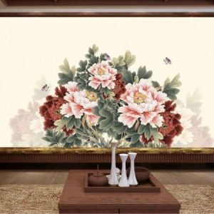 Tranh dán tường hoa mẫu đơn và đàn bướm tím TDT380