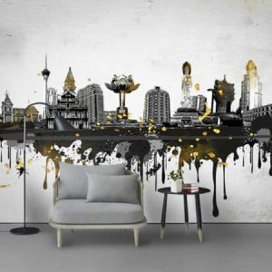 Tranh dán tường trừu tượng đen trắng thành phố TDT382