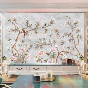 Tranh dán tường 3D hoa và chim hỷ tước TDT384