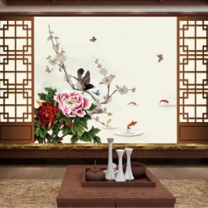 Tranh dán tường 3D hoa mẫu đơn và chim nâu TDT391