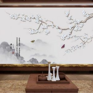 Tranh dán tường 3D cành hoa trắng và đàn bướm TDT401