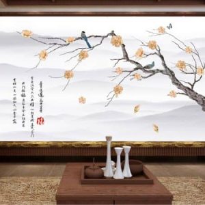 Tranh dán tường 3D hoa vàng và chim xanh TDT413