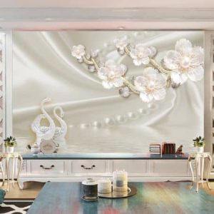 Tranh dán tường 3D hoa và thiên nga trắng TDT414