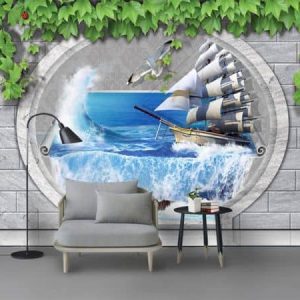 Tranh dán tường 3D thuyền buồm và chim hải âu TDT416