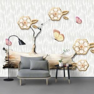 Tranh dán tường 3D hoa và bướm vàng TDT432