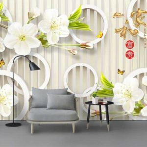 Tranh dán tường 3D hoa trắng Trung Quốc TDT436