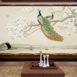 Tranh dán tường 3D chim công xanh TDT442