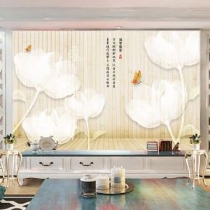 Tranh dán tường 3D hoa trắng và bướm vàng TDT443