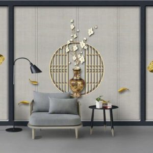 Tranh dán tường 3D hoa sen và đàn cá vàng TDT470