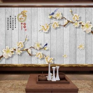 Tranh dán tường 3D chim xanh và cành hoa trắng TDT474