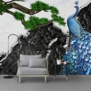 Tranh dán tường 3D trừu tượng chim công xanh TDT486