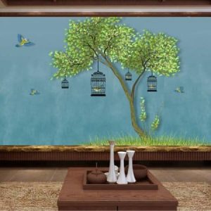 Tranh dán tường vẽ cây xanh và lồng chim TDT501
