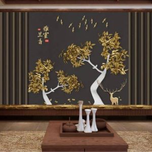 Tranh dán tường 3D cây lá vàng TDT533
