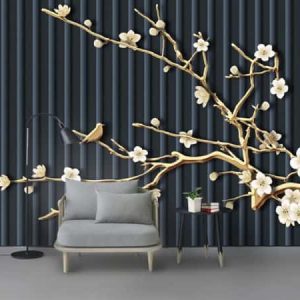 Tranh dán tường 3D cành hoa trắng và chim vàng TDT553